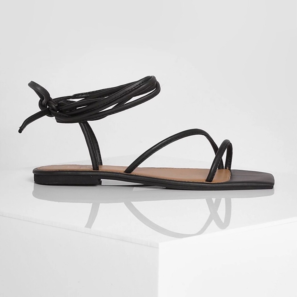 NEW Wide Leather Square Toe Wrap Up Sandals